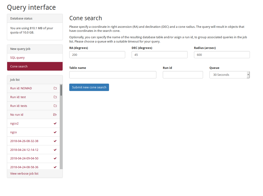 Cone search interface